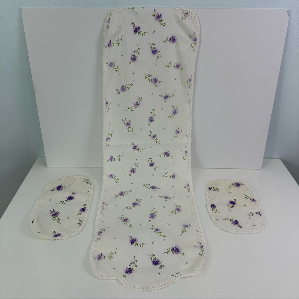 Set of 3 Floral Cloth Doilies One Long Oblong and Two Small Oblong Lavender